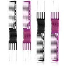 Patelai 4 Pcs Carbon Lift Teasing Comb with Metal Prong Lift Teasing Comb and Hair Pick Salon Fluffing with 5 Stainless Steel Pins for Women HairBlack and Purple