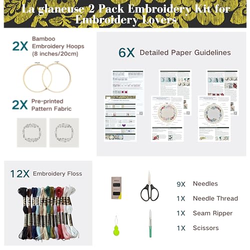 Image of La glanese Embroidery Kit for Adults, Needlepoint Kit of 2 Floral Photo Frame Patterns for Valentines Anniversary Wedding, Beginners Friendly with Paper Guidelines and Tutorial Videos