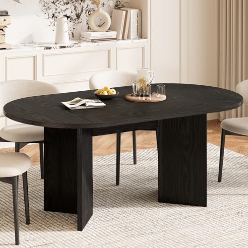 Image of LITTLE TREE 63 inch Rustic Oval Dining Table for 4-6, Sturdy MDF Farmhouse Kitchen Table with Metal Strip Base, for Living Room, Office, Restaurant, Multi-Use, Black