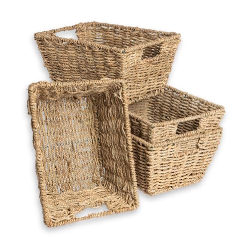 Vencier Set of 4 Handwoven Seagrass Storage Baskets Natural Wicker Organizer Baskets with Handles for Shelves Bathroom Bedroom and Home Office Nesting Design for Space-Saving Storage