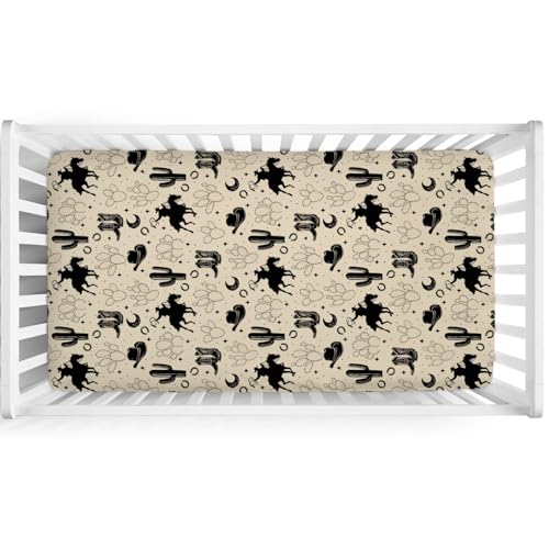 Image of Vintage Western Cowboy Baby Crib Sheets 52''x28'' Cowboy Horse Boots Hat Cactus Moon Snug Fitted Crib Mattress Cover for Boy Girl Wild Plants Soft Baby Bed Sheet for Standard Crib Toddler Mattress