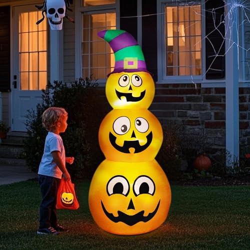 Prsildan Halloween Inflatables Stacked Pumpkins with Witch Hat, 5 Ft