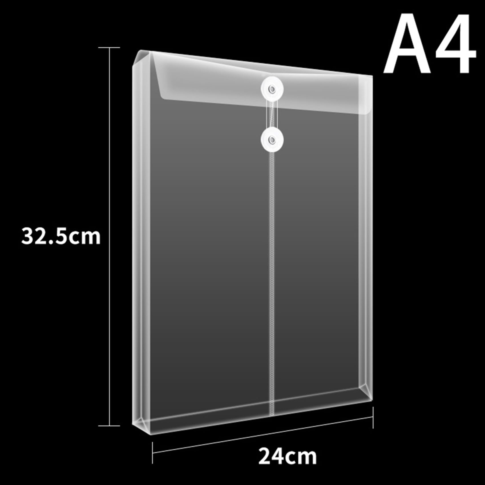 Confezione da 48 buste in plastica trasparente, espandibili, con chiusura a bottone e laccetto, formato A4