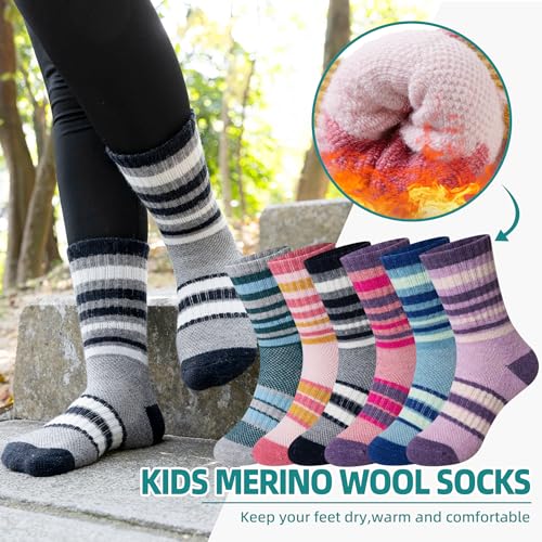 Kids Merino Wool Hiking Socks Toddlers Boys Girls Thermal Warm Winter Cushion Moisture Wicking Crew Boot Socks 6 Pairs2