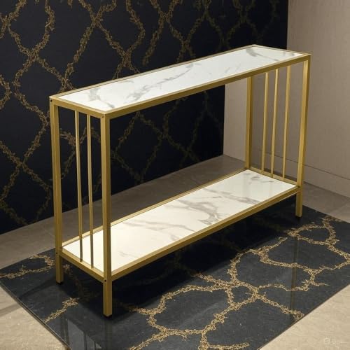 Image of Metal Frame 2-Tier Premium Entryway Table for Living Room, Hallway & Bedroom | Modern Narrow Sofa Console Table for Home & Office Decor | Sturdy & Stylish Accent Table (Gold Strip)
