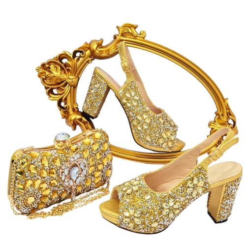 Women's Gold Rhinestone Decorated Shoe and Bag Set African Design Wedding Party Matching Shoe and Bag Set
