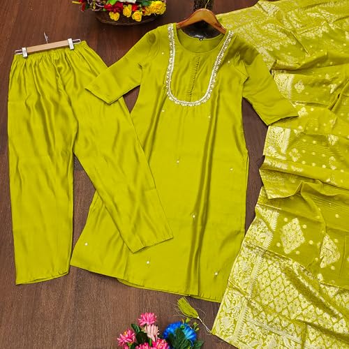 Image of Yashika Women's Silk Blend Jacquard Kurta and Pant with Dupatta Set and Khatali Work Suitable For Every Indian Occasion