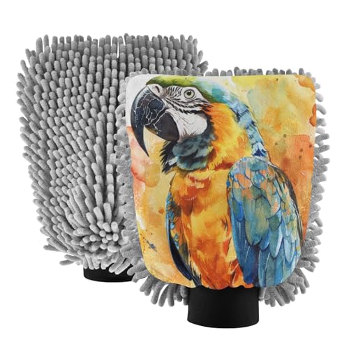 ALAZA Watercolor Parrot Portrait Car Wash Mitt Scratch Free, 2 Pack Absorbent Microfiber/Chenille Washing & Drying Mitts, M