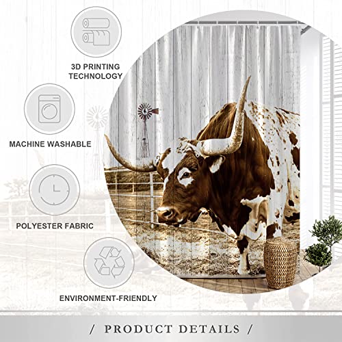 Longhorns Cow Shower Curtain Rustic Farmhouse Texas Cattle Wooden Fence Windmill Western Country Farm Animal Grass Rural Utah Usa Brown Fabric Bath Curtains Bathroom Polyester With Hooks 70X70Inch #TOP4