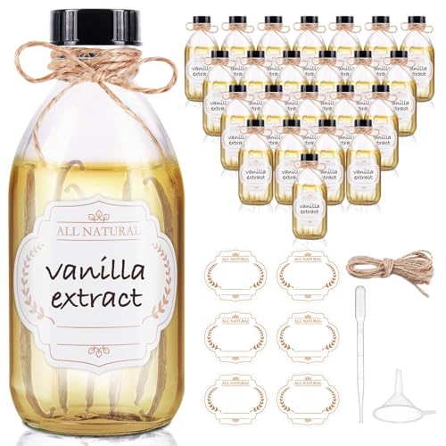 8 OZ Glass Bottles with Lids, 24 Pack Leakproof Glass Containers for Vanilla Extract Homemade, Food Storage, Juice, Essential Oils, Hot Sauce, Syrup, Beans, Boston Round Clear Bottles