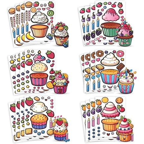 24 Make A Cupcake Stickers for Kids - Create and Decorate Your Own Cupcake Stickers with Assorted Toppings Like Fruit, Candy, and More! Easy to Use, No Mess - Great Party Favor & Rainy Day Activity Cover