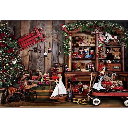 AOFOTO 7x5ft Vintage Christmas Backdrop Santas Toy Shop Workshop Scene Background Wooden Cottage Xmas Trees Gifts Christmas Store New Year Party Decoration Supplies Kids Photo Shooting Props