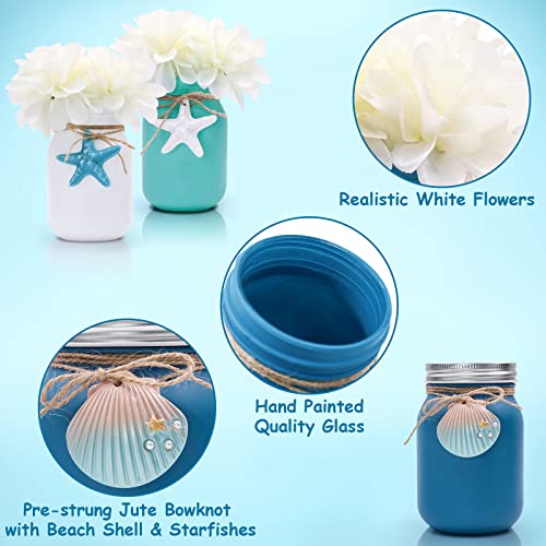 Beach Mason Jar Decor Coastal Table Centerpiece With White Flowers Floral Arrangement Blue Shell Starfishes Slices Summer Sea Farmhouse Tiered Tray Wedding Décor Vases Home Hostess Gift Idea Set Of 3 #TOP2