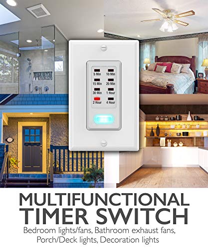 Fosmon 4 Hour Light Timer Switch, Programmable In-Wall Countdown Timer Switch For Lights, Fans, Bathroom, Heaters, 9 Setting 1875W, Neutral Wire Required, 5-10-30-60 Min, 2-4 Hour, Etl Listed #TOP4