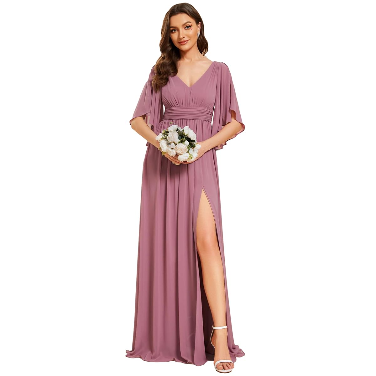 Women Dress Maxi Bridesmaid Dress High Slit and Double V Backless Ruffle Sleeves Chiffon 01886