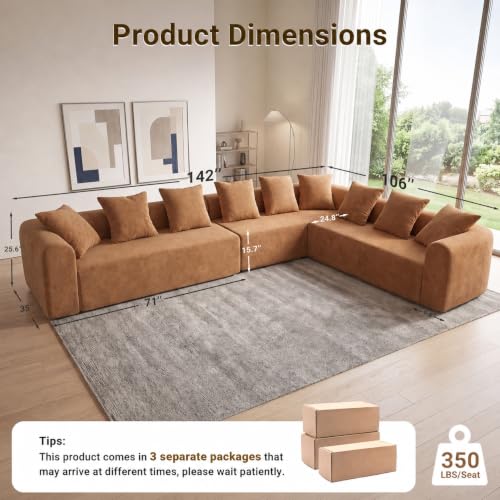 Image of Claiks 142 inch Cloud Boneless Couch, L-Shape Right Chaise, Brown