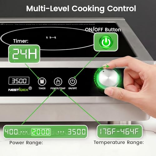 Image of 3500W Commercial Induction Cooktop, Hardwired 208V 3-Phase | 9.25-In Pure Copper Coil, Smooth Low-Power Heating for Restaurants, Catering & Commercial Foodservice
