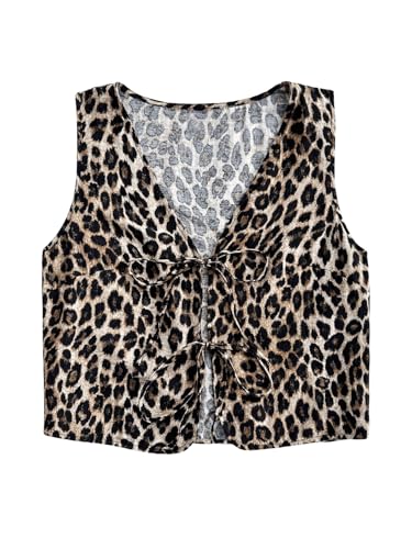 WDIRARA Women's Leopard Print Bow Tie Front Vest Sleeveless V Neck Crop Tank Top