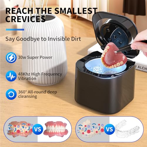 Image of Ultrasonic Retainer Cleaner, 48kHz Retainer Cleaner Machine for Dentures, Night Mouth Guards, Jewelry, Aligner, Braces, 30W Dental Cleaning Pod with Digital Timer, 180ML, Dual Cleaning Mode