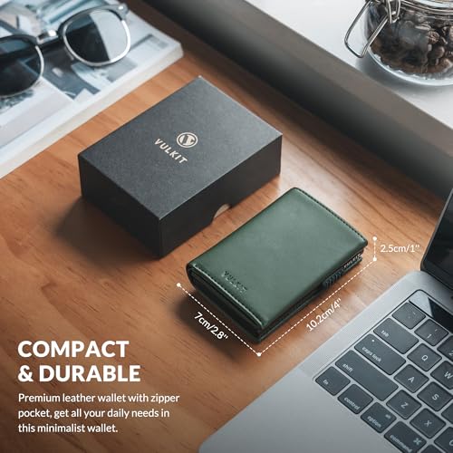 Image of VULKIT Card Holder Wallet with Coin Pocket Magnetic Closure Pop Up Cards With ID Window Leather Wallet for Cash & Credit Cards, Nappa Olive, 4 x 1 x 2.7 inches, Minimalist | with Coin Pocket