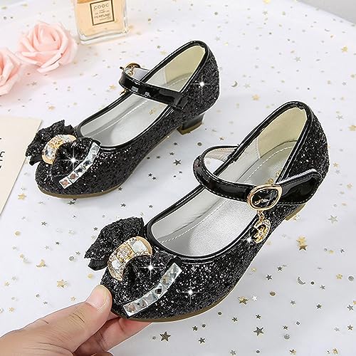 Yoawdats Girls Toddler Dress Shoes Sparkly Ruby Bowkno Flowert Wedding Party Bridesmaids Low Heel Princess Shoes for Kids (Black, 18.2 cm)3