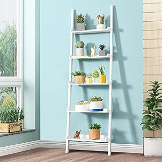 CASART 5 Tiers Ladder Rack, Wall Display Shelf Stand, Home Office Storage Shelving Unit Flower Plants Organiser Stand for Living Room Kitchen Bathroom (60 x 30 x 190cm, White)
