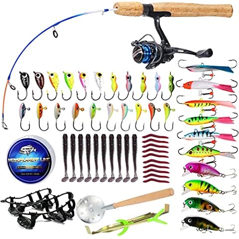 Sougayilang Eisangelruten- und Rollenkombination mit Eisjig und Ködern, Schnurrute, Rolle, Spoon, Eisangeln, komplettes Angelset für das Eisangeln im Winter Cover