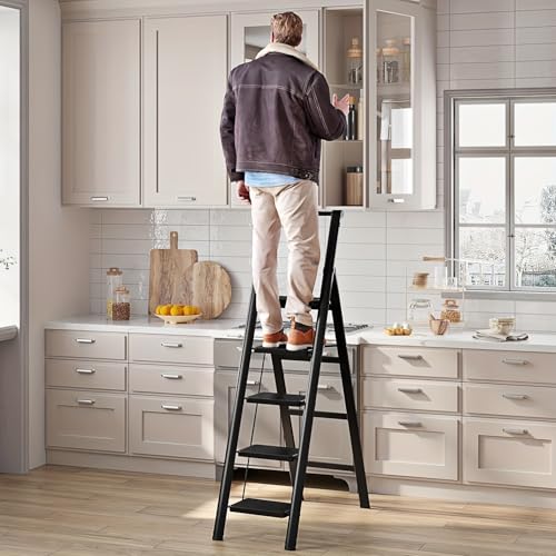 Image of 5-Step Ladder Folding Step Stool, 5-Step Ladder with Anti Slip Wide Pedals, Ladders for Home Kitchen Pantry Office, Lightweight Sturdy Steel Ladder for Adults Portablec