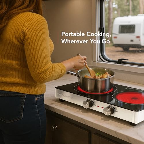 Image of OVENTE Infrared Ceramic Double Burner, 1800W Electric Countertop Hot Plate with Black Crystalline Glass, Portable Stainless Steel Cooktop for Home, Office, or Dorm Use, Black BGI302GB