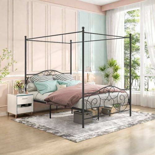 MaiDeHaoo Full Size Metal Canopy Bed with Headboard, Four-Poster Metal Canopy Bed Frame with Storage, Black