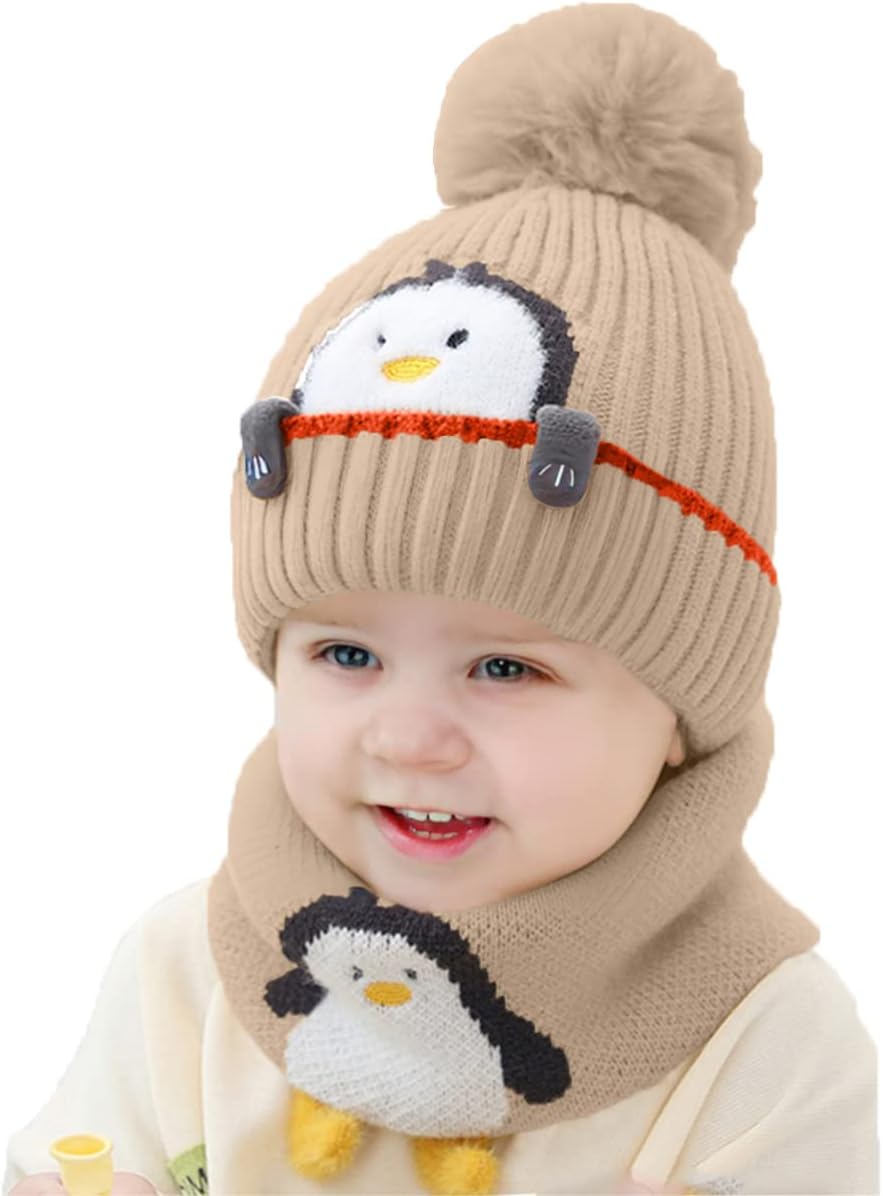 Rayson Bonnet Écharpe Ensemble Hiver Enfant Bébé Tricoté avec Pompon 2 Pièces Garçon Fille Chapeau Chaud Cercle Écharpe Crochet Cache-Cou Ensemble