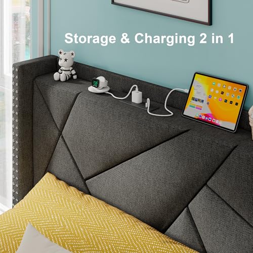 Feonase Upholstered Storage Bed Frame Twin Size with 4 Drawers, Platform Bed with Charging Station & Wingback Headboard, Solid Wood Slats Support, Dark Gray