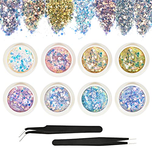 8 Colores Purpurinas Polvo, Entejuelas de Uñas de Holográfico 3D Purpurina Corporal Purpurina Festival Purpurina Cara para Arte Artesanía Festival Cosmético Cuerpo Decoración, con pinzas Cover