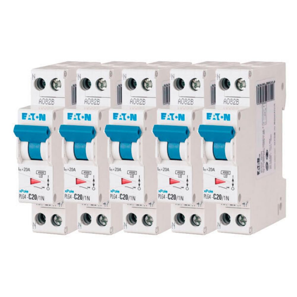 EATON 264747 PLG4-C20/1N - DISJONCTEUR MODULAIRE PH/N - Blanc - MANETTE BLEUE - 1P+N / 20 A - COURBE C - Raccordement à vis - 5 disjoncteurs