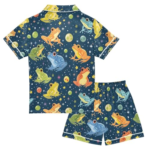 ALAZA Colorful Frog Ball Star Pajamas Satin Pajama Set Short Sleeve Button Down Sleepwear2