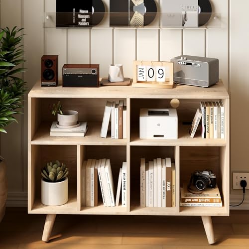 Garvee Großes Plattenspieler Regal Schallplattenregal für bis zu 350 Vinyl Holzregal mit USB und Steckdose Offenes Design für Wohnzimmer Schlafzimmer Büro Naturholz