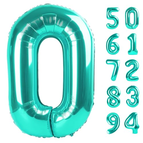 Image of Teal Blue Number Balloon 40 Inch, 0 Number Balloons, 10 20 30 40 50 Numbers Balloon Birthday Decorations, Teal Party Supplies for Women