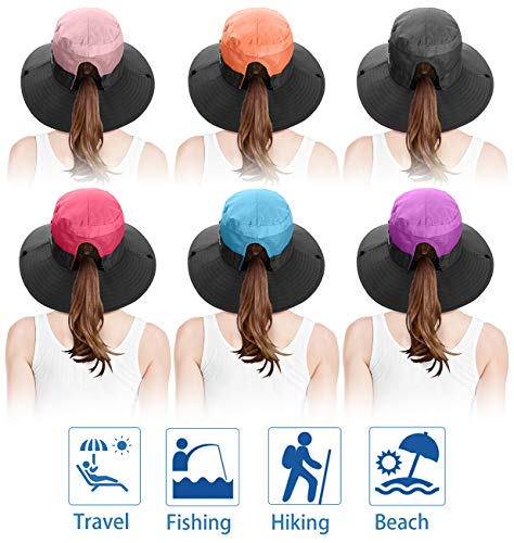6 Pieces Womens Ponytail Wide Brim Sun Hat Packable Uv Protection Beach Cap For Fishing & Hiking (Purple＆Sky Blue＆Watermelon Red＆Pink＆Orange＆Grey) #TOP1