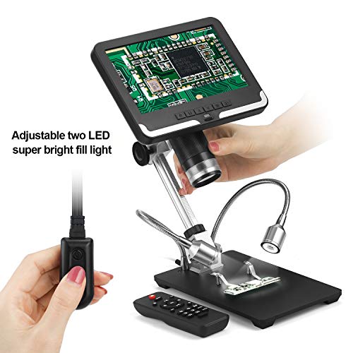 LCD Digital Microscope 7 in HD Screen 200X Magnification Zoom Camera Video Recorder with 16G SD Card, Angle Adjustable Microscope, 2 Fill Lights, with Remote Control