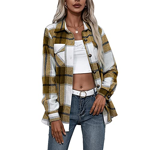 BDCUYAHSKL Herfst en Winter Dames Mode Revers Plaid Lange Mouwen Shirt Single-Breasted Placket Losse Casual Shirt Vest…