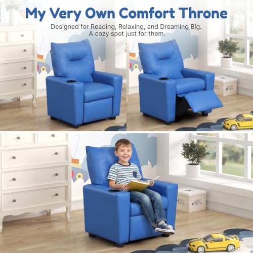 Image of 23 inch PU Leather Recliner Chair with Cup Holder and Recline, Blue