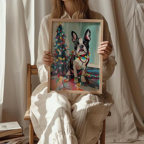 Image of aj decor Boston Terrier Christmas Wall Art Print Poster, Dog Pet Lover Picture Painting Artwork Bedroom Living Room Office Dining Room 150D (Boston Terrier Christmas, 11 inch W x 14 inch L, Wood Frame)