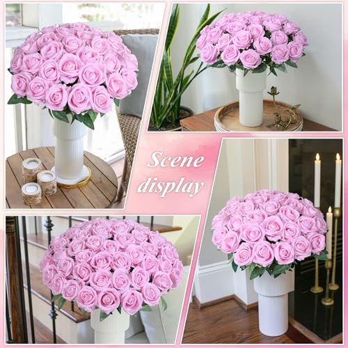 Image of 50 PCS Pink Roses Artificial Flowers, Fake Roses with Stem Realistic Silk Roses for DIY Wedding Bouquets Table Centerpieces Arrangements Baby Shower Birthday Home Decor Valentine's Day Gift for Her