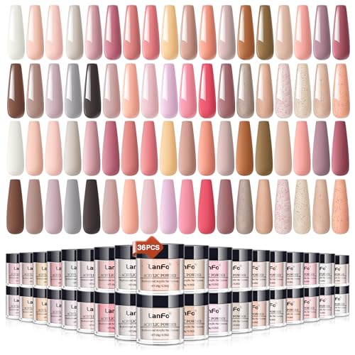 LanFo 36 Colors Acrylic Nail Powder Set Pink Brown Glitter Acrylic Powder Quick Drying Nail Acrylic Powder Professional Acrylic Nail Art Kit for French Nail Extension