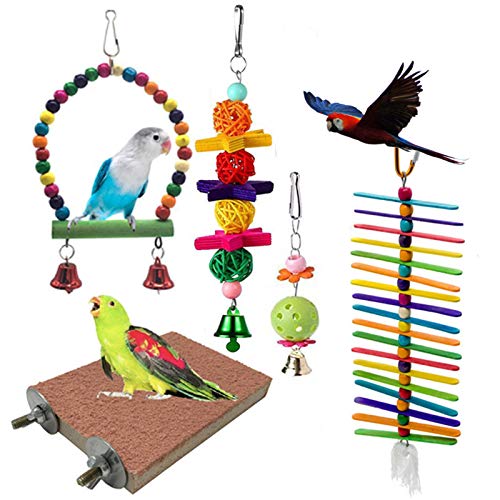 Juguetes para Masticar Loros, 5 Piezas Juguetes para Pájaros Accesorios, Juguete Colgante para Mascotas con Campanas, Columpios, Juguete de Masticación para Pequeños y Medianos Loros de Aves Cover