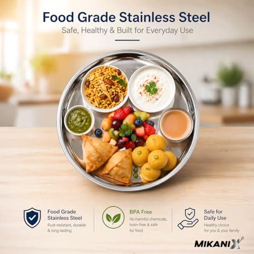 Image of MIKANIX Stainless Steel Dinner Plates | Heavy Duty Steel Thali | Food Grade, Rust Resistant, Durable Dinner Plates | Round Serving Plates for Kitchen, Dining, Home Use (Pack of 4)