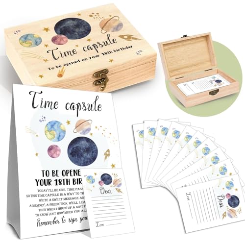 DEANHOT Planet Memory Time Capsule, 50 Planet Cards and 1 Time Capsule Box, Baby Shower Decor, Baby Shower Storage Box for First Birthday, Time Capsule Memorial Blessing Quotes Collection Box