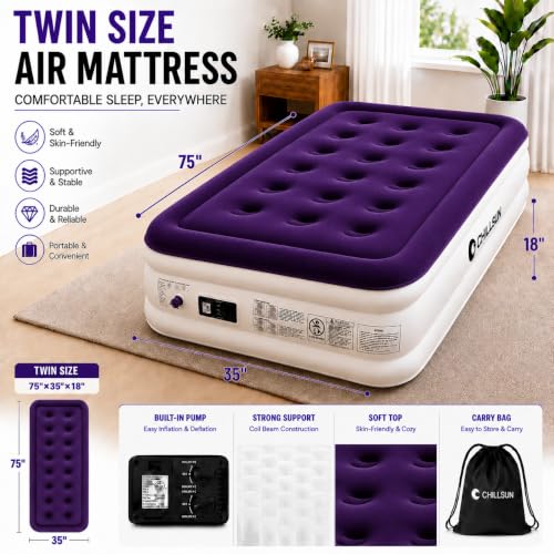 Image of CHILLSUN Twin Air Mattress with Built in Pump, 18 inch Leak-Proof Blow up Mattress, Inflatable Mattress for Guest Home Portable, Camping Travel Air Bed, 2 Mins Quick Self-Inflation Colchon Inflable