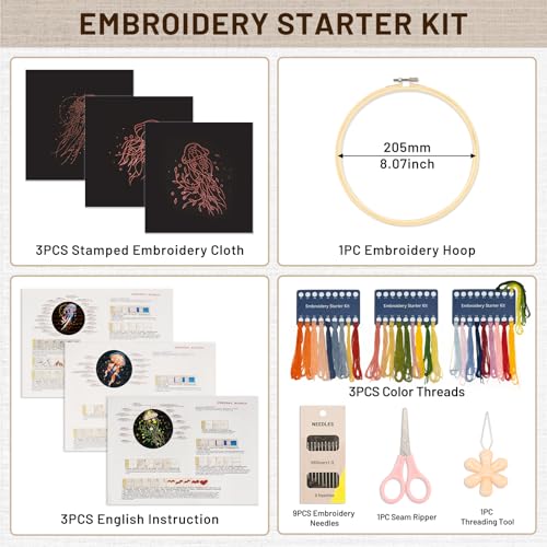 Image of XM-GENYUE 3 Sets Jellyfish Pattern Embroidery Kit for Beginners with Instructions, Learn Multiple Different Stitches, Includes Wooden Hoop, Color Threads, Tools, Easy to Follow Instruction & Video