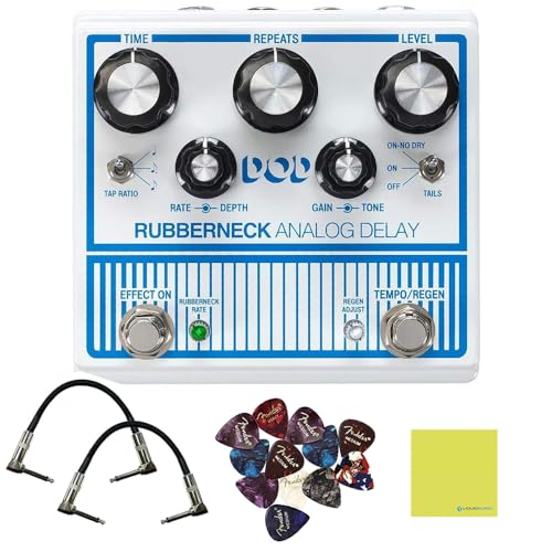 DigiTech Rubberneck Analog Delay Effect Pedal Bundle w/ 2-Pack Strukture S6P48 Woven Right Angle Patch Cable, 12-Pack Guitar Pick and Liquid Audio Polishing Cloth